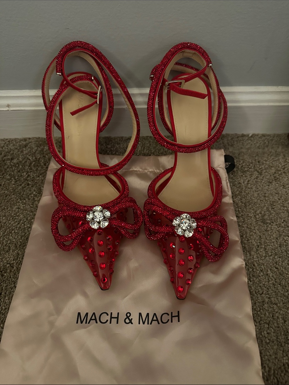 MACH & MACH Red Crystal-Bow Pointed-Strap Heels
